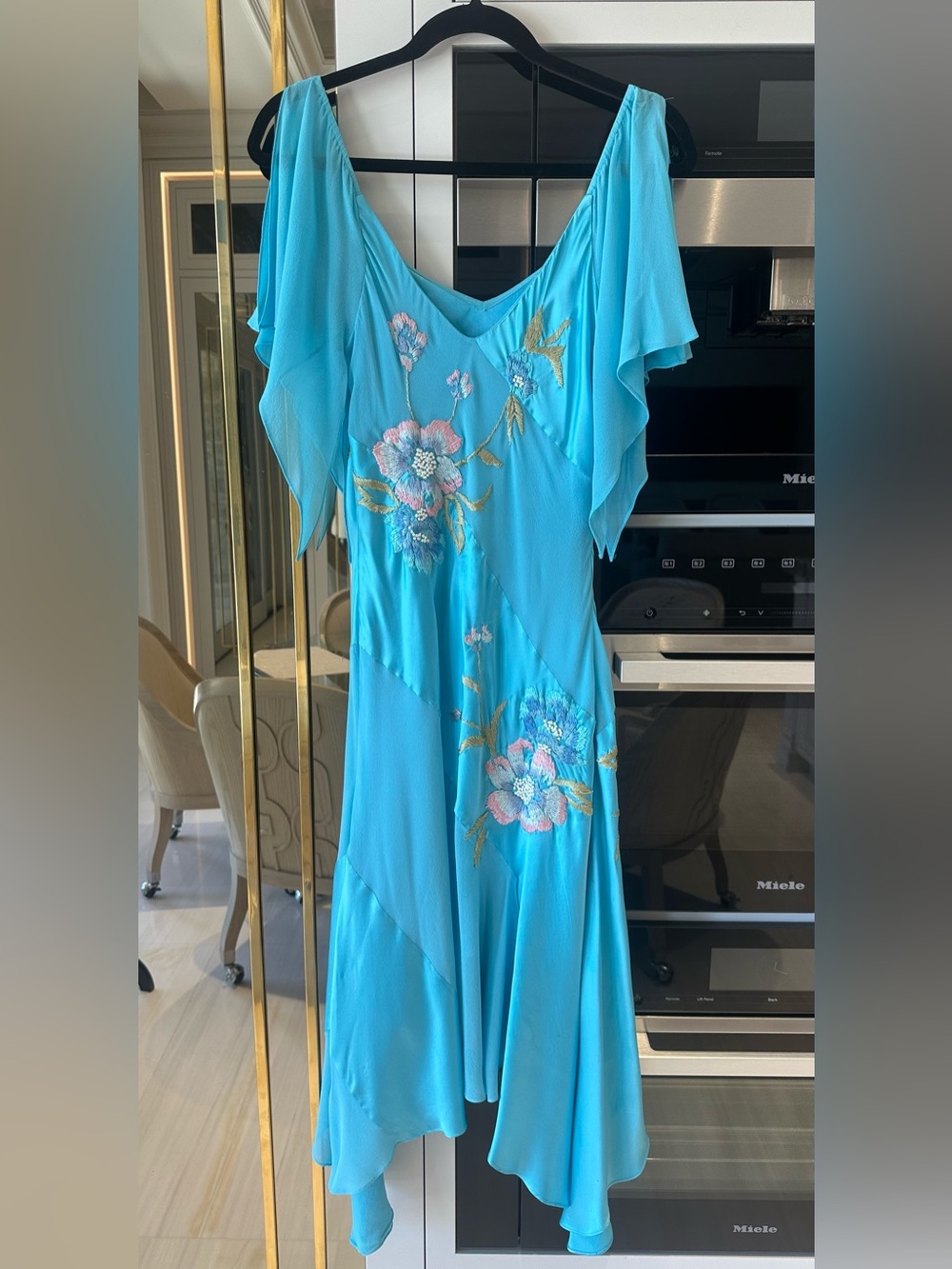 Sue Wong Silk Turquoise Y2K Ruched Floral Embroidered Asymmetrical Dress- Size 8 - Picture 3 of 14